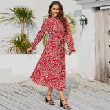 Stand Collar Lace-Up Pleated Casual Long Dress