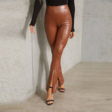 Solid Color Pu Pants With High Waist And Tummy