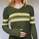 Vintage Preppy V-Neck Striped Woolen Blouse