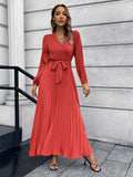 V Neck Long Sleeve Pleated Belted Midi Dress