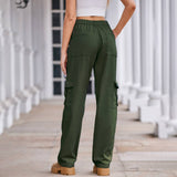 Washed Semi-Elastic-Waisted Denim Cargo Pants