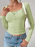 Y2K Slim Trim Lace Button U Neck Ribbed Top