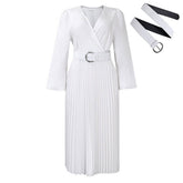 FASHION LONG SLEEVE V NECK PLEATED MIDI DRESS_CWDMD3669