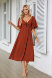 V-Neck Bow Pleated Mid-Length Short-Sleeved Dress
