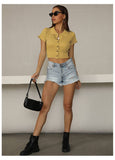 Solid Color Lapel Slim Knit Short-Sleeved Top