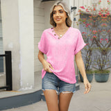 V-Neck Jacquard Loose Cutout Button T-Shirt