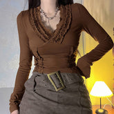 Vintage Wood Ear Trim V-Neck Long Sleeve T-Shirt