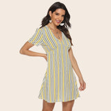 Striped V-Neck Short-Sleeved Skirt Dress