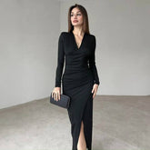 Stylish V-Neck Slim-Fit High-Waisted Slit Dress