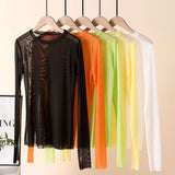 CANDY COLOR BLOUSE LONG SLEEVE MESH TOP_CWTBLL3620
