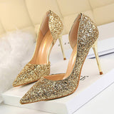 Women Pointy Side Hollowed Sequined High Heels