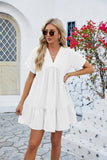 V Neck Solid Color Short Sleeve Pleated Dress_Cwdsd2696