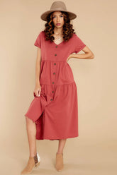 V-Neck Single-Breasted Pleated Loose Long Dress