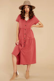 V-Neck Single-Breasted Pleated Loose Long Dress