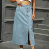 Wome Washed Denim Midi Skirt With Buttons_Cwjsk0206