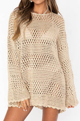 Cwtbll0946_Hollow Knit Smock Flared Sleeve Beach Dress