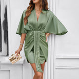 V Neck 3/4 Batwing Sleeve Ruffled Dress_Cwdsd3538
