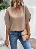 Solid Lace V-Neck Flared Sleeves Loose Blouse