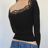 U-Neck Slim Fit Lace Patchwork Long Sleeve Top