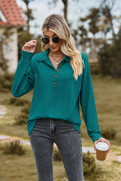 Cwtbll2415_Solid Color Lapel Button Loose Long Sleeve Top