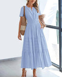 V-Neck Pleated Puffy Sleeve Short Sleeved Dress