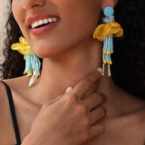 BOHO LONG TASSEL EARRINGS HANDMADE FABRIC FLOWERS_CWMM6165