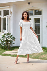 Square Neck Backless Puffy Sleeve Pleated Dress