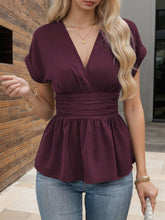 Womens V-Neck Waist-Defining Pleated Shirt