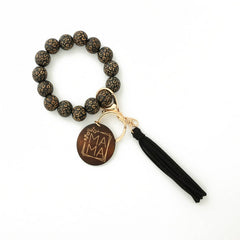 LEOPARD WOOD BEAD BRACELET WITH TASSEL KEYCHAIN_CWAB5107