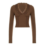 Vintage Wood Ear Trim V-Neck Long Sleeve T-Shirt