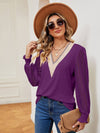 Cwtbll2401_V-Neck Lace Stitching Long-Sleeved Casual Top