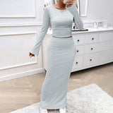 Striped Knitted Long-Sleeved Half-Skirt Suit