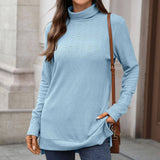 Solid-Color High-Neck Long-Sleeved Slit T-Shirt