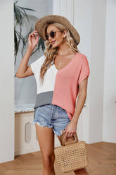 V Neck Color Matching Casual T Shirt_Cwtsts0179