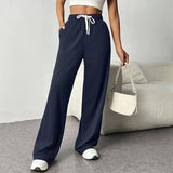 Solid Color Elastic Waist Slim Straight Leg Pants