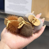 MINK FUR BALL HAIR CLAW CUTE WINTER FLUFFY CLIP_CWAHA3310
