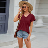 V-Neck Fly-Sleeved Pleated Short-Sleeved T-Shirt