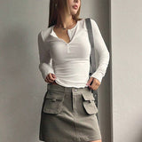 Solid Color Crew-Neck Button Casual Slim-Fit Top