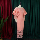 BOAT NECK LACE PATCHWORK LANTERN SLEEVE DRESS_CWDMD3683