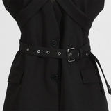 STYLISH SLEEVELESS BLAZER WITH BELT AND LAPELS_CWOCO1219