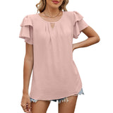 V-Neck Cutout Double-Sleeved Chiffon T-Shirt