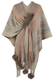 Cwocas0051_Contrast Color Pompom Tassel Knitted Shawl