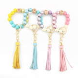 PRINTED WOOD BEAD BRACELET KEYCHAIN WITH TASSEL_CWMM7025