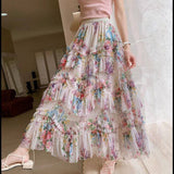 COLORFUL FLORAL MESH PRINT PLEATED TULLE SKIRT_CWBLS0399