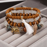 Cwaje05686_Boho Elephant Leaf Tassel Wooden Beaded Bracelet
