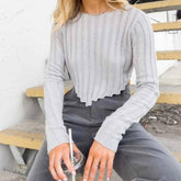 Solid-Color Long-Sleeved Knitted Short Crop Top