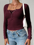 Y2K Slim Trim Lace Button U Neck Ribbed Top