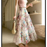 COLORFUL FLORAL MESH PRINT PLEATED TULLE SKIRT_CWBLS0399