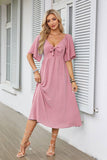 V-Neck Bow Pleated Mid-Length Short-Sleeved Dress