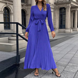 V-Neck,Long-Sleeved,Waist-Cinching Long Dress